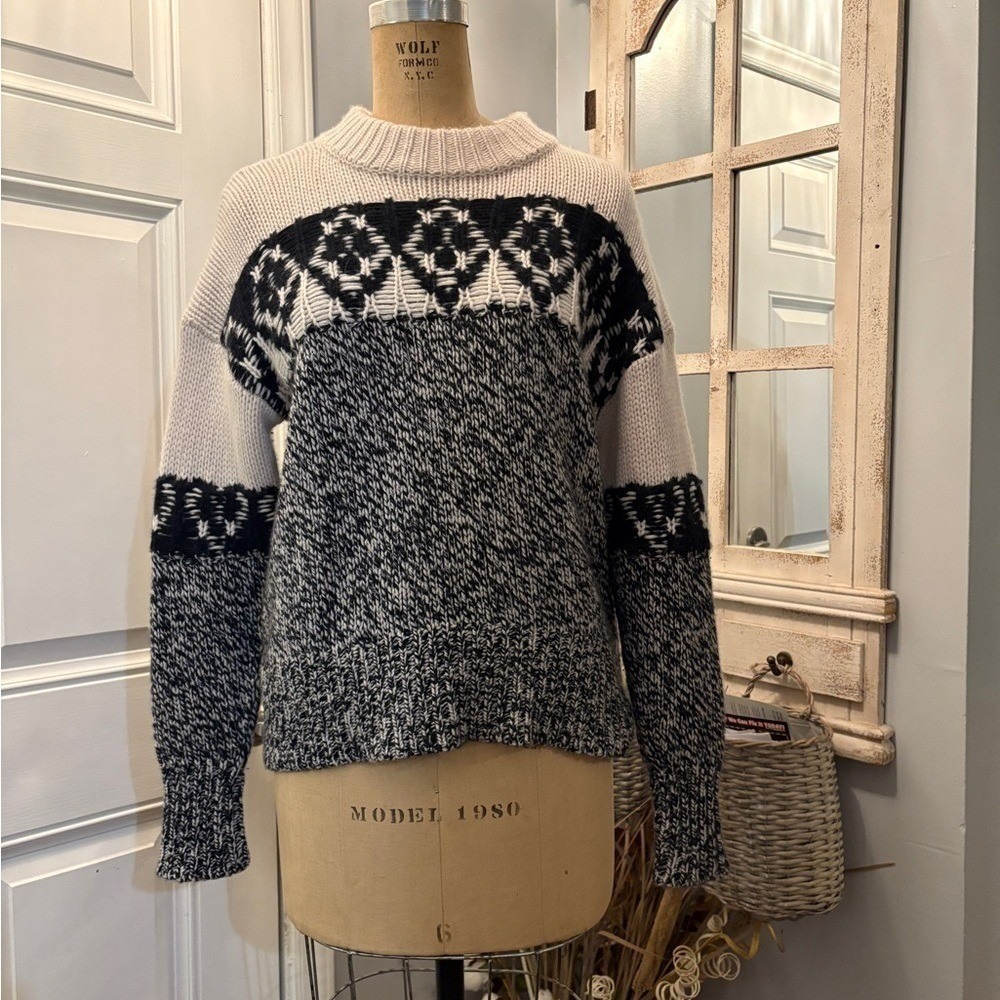 Naked Cashmere Women Mock Neck Chunky Knit Sweater Black White Geometric Small